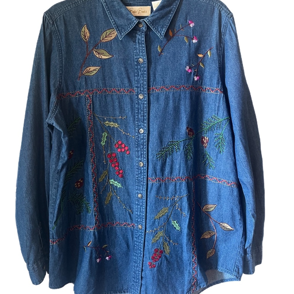 Bobbie Brooks Denim Shacket Festive Holiday Blouse Top embroidered